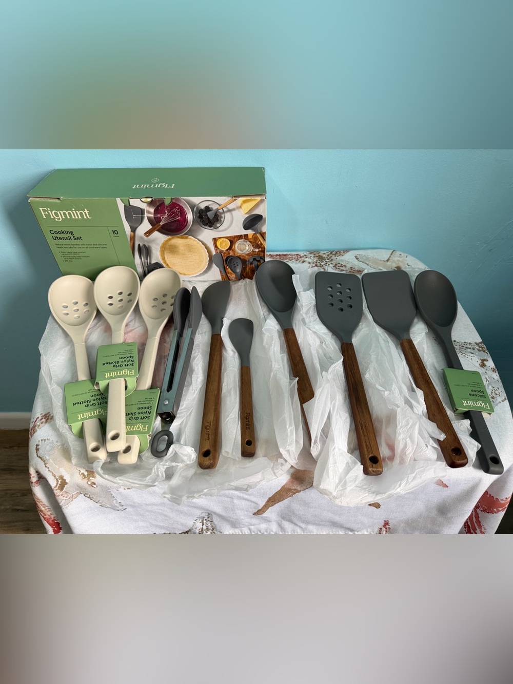 Mint Gray Silicone Kitchen Utensil Set with Wooden Handles